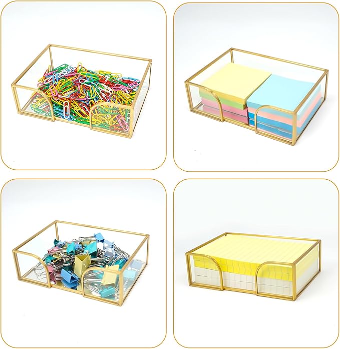 Sticky Note Holder Glass Post It Note Dispenser, 4 x 6 Inch Gold Sticky Note Dispenser, Stylish Post It Holder for Desk Home Office Decor