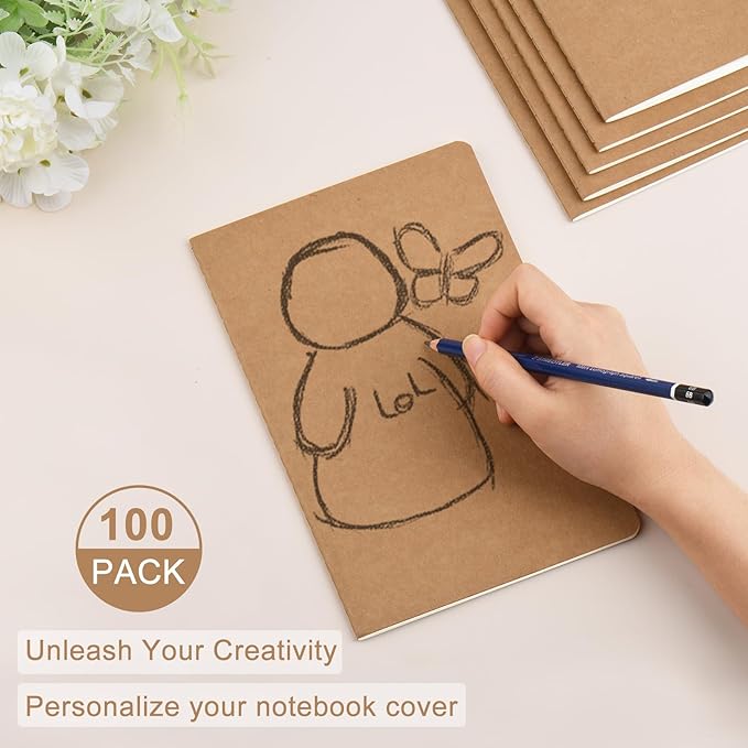 ZCZN 100 Pack A5 Kraft Notebooks Bulk, 8.15x5.5 Inches Lined Paper Journaling Notebooks, Notebooks for Work, Composition Notebooks for School, Journal Notebooks for Office, 60 Pages