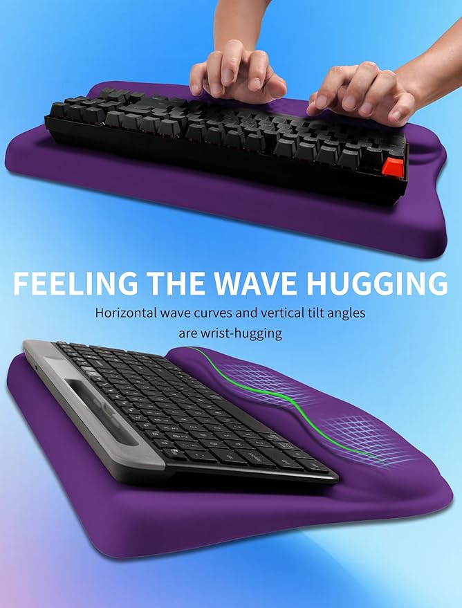 Ergonomic Wave Wrist Rest with Keyboard Stand, Cushioned Palm Rest, Comfortable Integrated Memory Foam for Natural Typing and Relieve Wrist Pain, Rich Purple