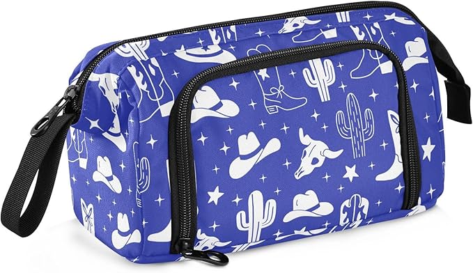 Western Cowboy Blue Pencil Case Pouch Big Capacity Pencil Bag Box Organizer Pen Case with Handle Pencil Cases for Girls Boys Women Kids Adults School