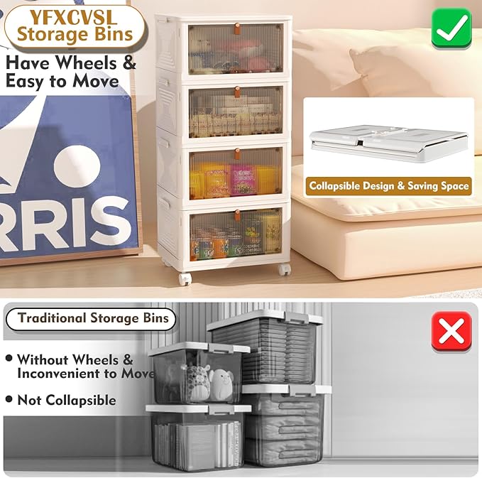 4 Tier Plastic Storage Bins with Lid 23QT, Stackable Storage Containers with Wheels, Folding Storage Boxes, Collapsible Storage Bins, Closet Organizers and Storage for Living Room,Office,Dorm