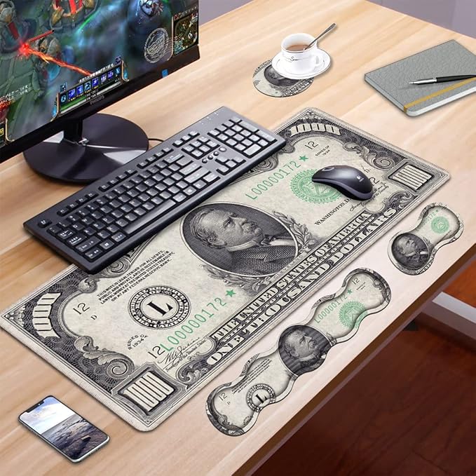 Ergonomic Keyboard Wrist Rest and Mouse Pad Wrist Rest Set, Large XXL Gaming Mousepad 31.5"x 11.8", Memory Foam, Easy Typing Pain Relief, Multifunctional Desk Mat for Office & Home, 1000 Dollar Bill