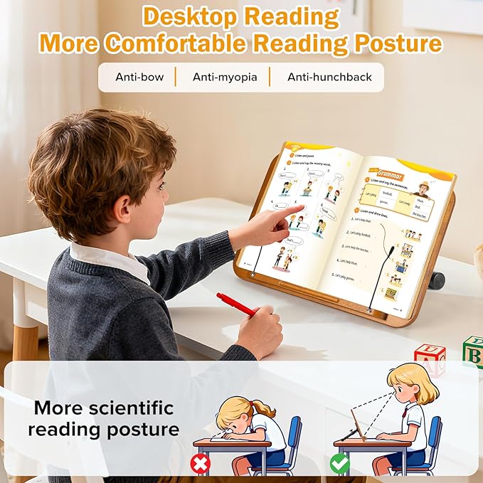 2-in-1 Adjustable Book Stand & Music Stand, 22-51in Dual-Use Floor and Desktop Book Holder Stand, Heavy Duty Solid Wood, with Elastic Page Clip for Cookbooks, Sheet Music, Tablet, Laptop, Projector