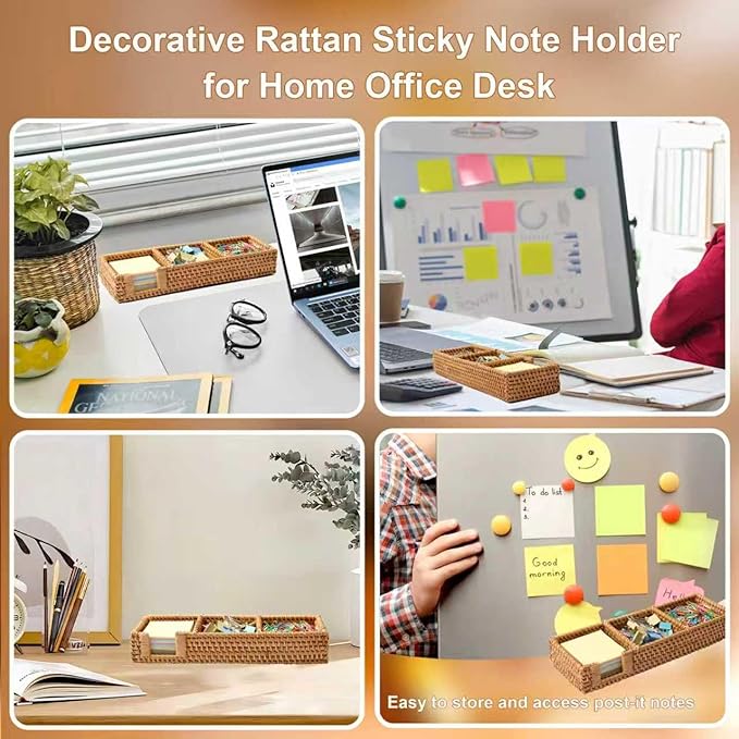 3 x 3 Inch Sticky Note Holder,Rattan Post It Note Dispenser,3 Slot Sticky Note Dispenser,Wicker Post It Holder for Home Office Desk Decor,Honey Brown