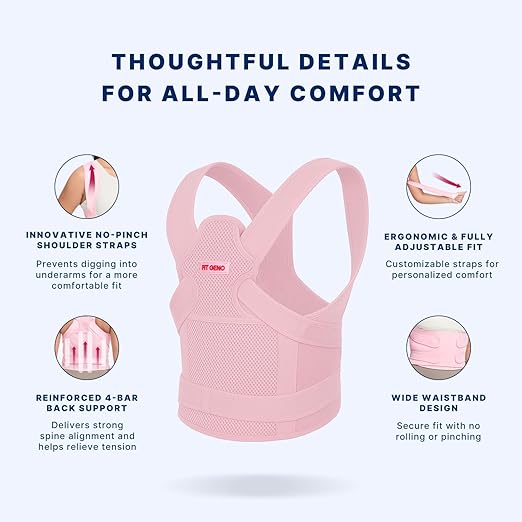 Fit Geno Back Brace and Adjustable Posture Corrector And Trainer for Women and Men, Back Straightener, Scoliosis and Hunchback Correction, Back Pain, Spine Support, Pink, Small (Waist 25-33 Inch)