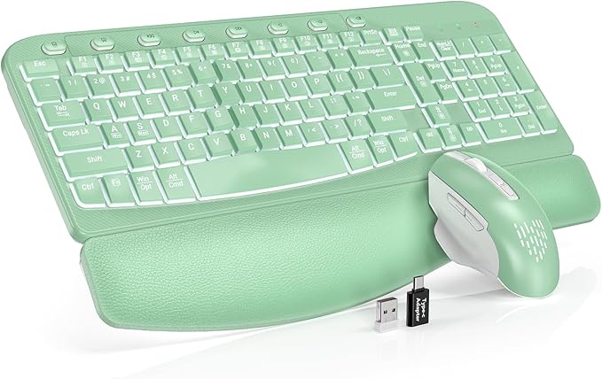 SABLUTE Ergonomic Wireless Keyboard and Mouse Combo - Wave Keyboard with Soft Leather Wrist Rest, Resistant Keys, RGB Backlit Rechargeable Set for PC/Mac/Chromebook (Green)