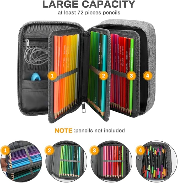 Large Capacity Pencil Case, 72 Slots Colored Pencil Pouch Bag Portable Pencil Holder Stationery Organizer with Compartments for Office and Travel, Grey