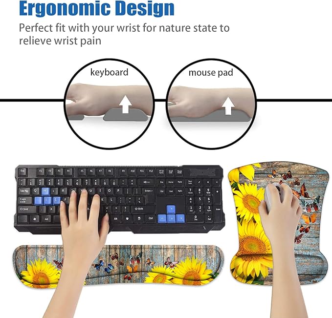 Keyboard Wrist Rest and Mouse Pad Wrist Support Set with Coasters, Non-Slip PU Base Ergonomic Gaming Mousepad for Computer Laptop Home Office Easy Typing & Pain Relief - Sunflower and Butterfly