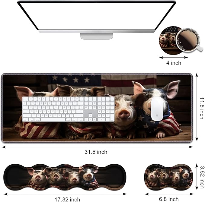 Ergonomic Keyboard Wrist Rest & Mouse Pad Wrist Rest Set, Large XXL Gaming Desk Mat 31.5"x 11.8" with Memory Foam, Easy Typing Pain Relief for Office & Home, Funny Piggy Wrapped in American Flag