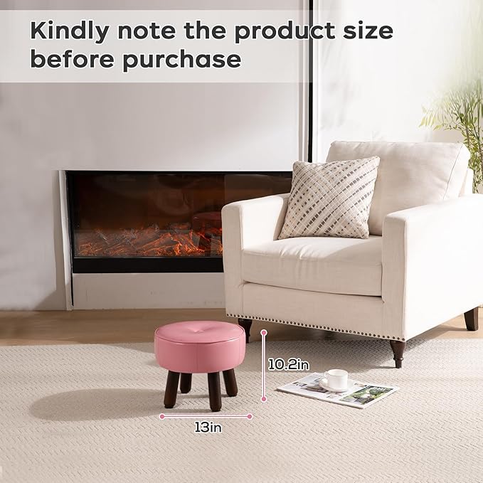 Small Foot Stool Round Pouf Ottoman, 13'' Leather Foot Rest with Non-Skid Rubber Legs, Foolstool Ottomans for Couch, Sofa Footrest Step Stool for Living Room Bedroom Entryway Office, Pink