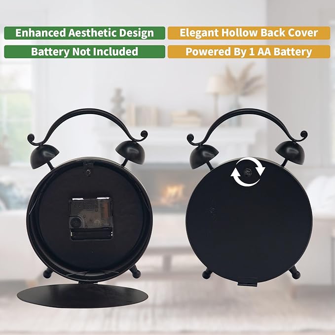 Vintage Dark Brown Desk Clock, Decorative Table Clock with Bell Top, Silent Non-Ticking Mantel Clock for Living Room or Bedroom, Wood Dial, Battery Operated