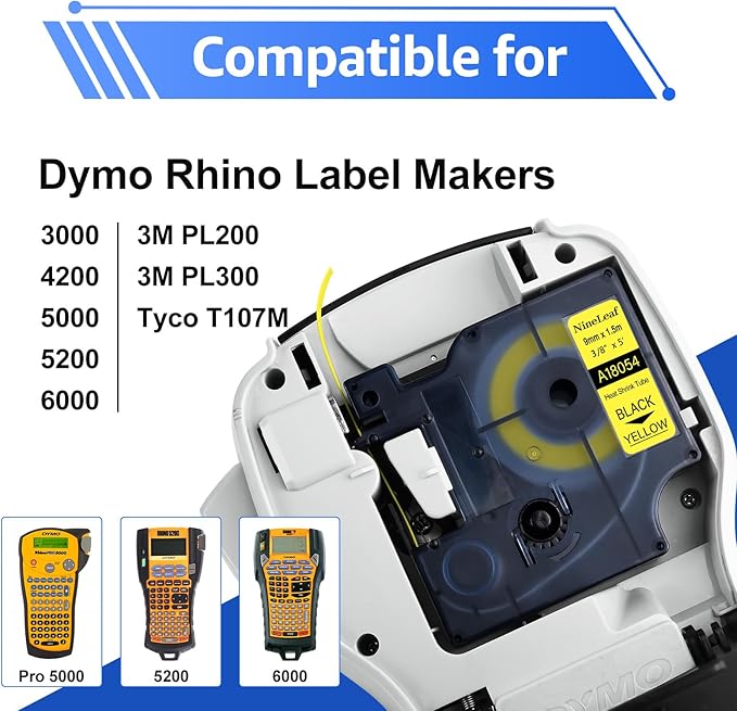 NineLeaf 10 Pack Compatible for Dymo 18054 Black on Yellow Heat Shrink Tube Labels 9mm 3/8'' Industrial Label Tapes for Wires and Cables for Rhino 4200 5200 5000 6000 3M Label Maker