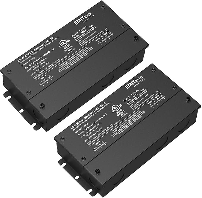 EMITEVER Dimmable Led Driver, 2 Packs 60W AC 110V-277V to DC 24V Transformer, 5-in-1 Dimming: ELV/MLV/TRIAC / 0-10V / 1-10V / 10V PWM/Potentiometer, Waterproof IP67 and UL Listed,Class 2
