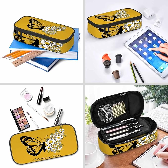 Butterfly Pencil Bag Daisy Flower Bright Yellow Big Capacity Pencil Case Pencil Pouch Pen Bag School Students Boy Girl