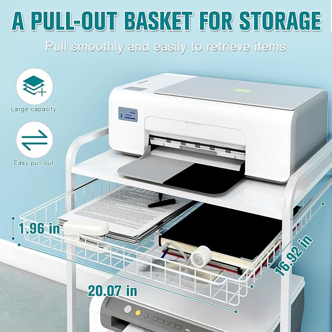 Large 2 Tier Storage Printer Stand with Basket,23.6"x21.6"x15.7" Rolling Printer Cart Under Desk,Printer Table with Wheels for Home Office,White
