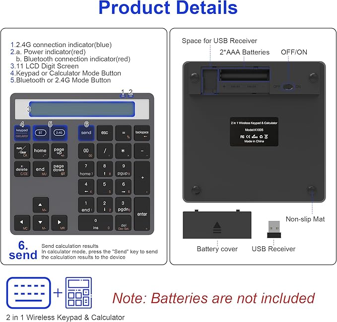 2 in 1 Bluetooth Number Pad with Display Calculator - Wireless Number Pad Portable 2.4G for Laptop/PC, 34 Key Quiet Numeric Keypad Compatible with Windows/Mac/iOS/Android/Linux - (Accounting/Office)