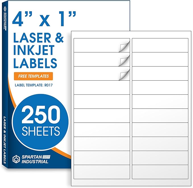 4" X 1" Matte White Printable Labels Compatible with Inkjet and Laser Printers - 250 Sheets, 5000 Total Paper Stickers for Addresses, Mailing, and Barcodes - Spartan Industrial Template R017