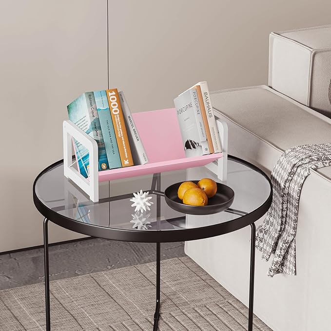 ELITEROO Tabletop Bookshelf, Simple Wood Book Organizer for Desk, Tilted Table Bookcase, Small Desktop Book Rack for Cookbook Display, Kids Reading, Office Storage, Pink