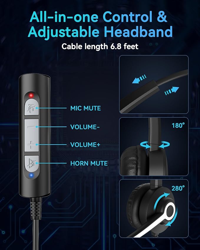 USB Headset with Microphone, Computer Headphones for PC Laptop, Wired Work Headset with Noise Canceling Microphone & In-line Control for Home Office, Teams Meetings, Online Class, Call Center, Zoom