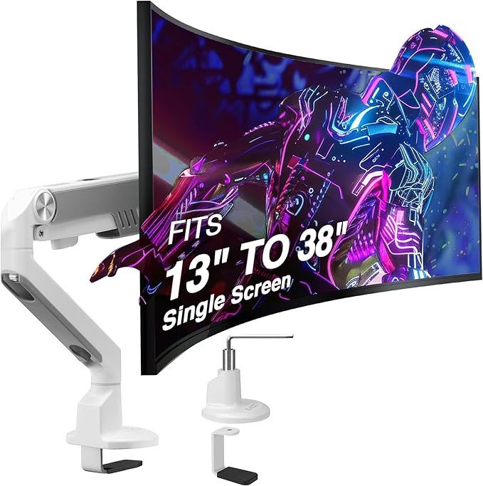 AVLT Single 13"-38" Monitor Arm Desk Mount fits One Flat/Curved/Ultrawide Screen Full Motion Height Swivel Tilt Rotation Adjustable Arm - VESA/C-Clamp/Cable Management - White