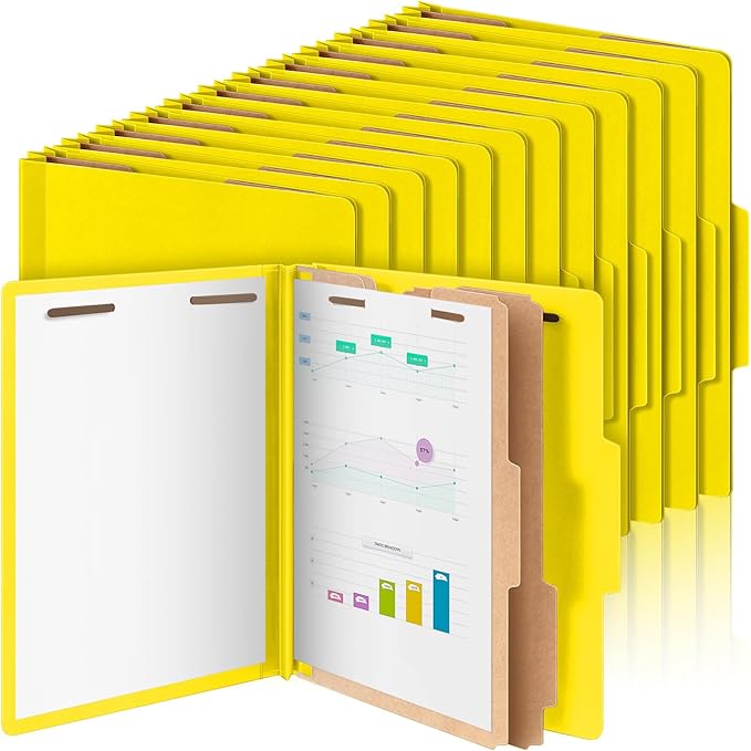 Skyygemm 24 Pcs Classification Folders Letter Size Bulk - 2 Dividers Pressboard File Folder with 3. 5 Inch Expansion, 2 Prongs Fastener, Heavy Duty Office File Organizer for Teacher Medical (Yellow)
