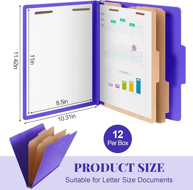 Skyygemm 12 Pcs Classification Folders Letter Size Bulk - 2 Dividers Pressboard File Folder with 3. 5 Inch Expansion, 2 Prongs Fastener, Heavy Duty Office File Organizer for Teacher Medical (Purple)
