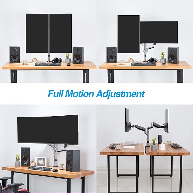 AVLT Dual 13 to 27 in Stacked Monitor Arm Desk Mount, Fits Two Flat or Curved Screens, Full Motion Height Adjustable Swivel Tilt Rotation, VESA C-Clamp Grommet Cable Management
