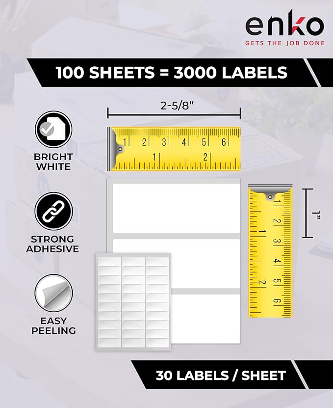 enKo 1 x 2-5/8 Inch 30 Up Return Mailing Address Labels White Printable FBA Labels (100 Sheets, 3000 Labels)