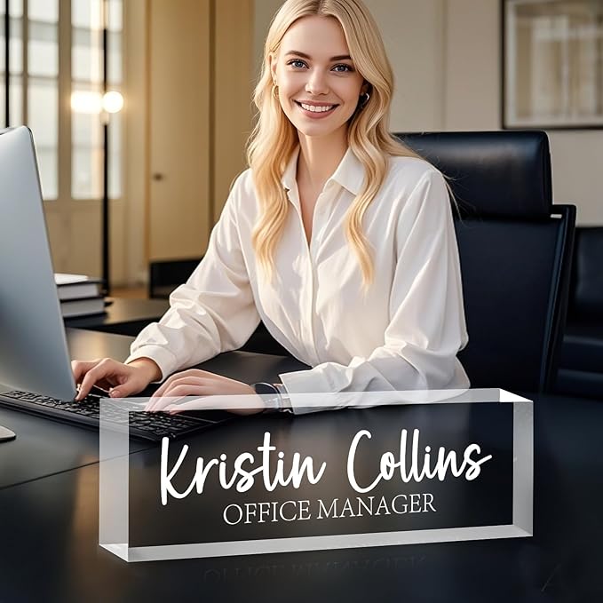 Custom Name Plate for Desk, Personalized Name Plate on Clear Acrylic Glass, Appreciation Gifts for Teacher Employee Boss Coworkers Nurse, Office Desk Accessories for Women Men (Engraved Elegant)