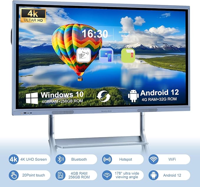 55'' Smart Board, 8+256 GB Interactive Whiteboard, 4K Electronic Digital Whiteboard with Dual System, Android iOS 12.0, Touchscreen Smart Board for Classroom, Office and Home (Wall Mount Included)