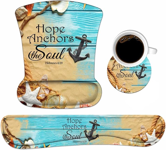 Keyboard Wrist Rest and Mouse Pad Wrist Support Set with Coasters, Non-Slip PU Base Ergonomic Gaming Mousepad for Home Office Working Studying Easy Typing & Pain Relief, Bible Verses Hebrews 6:19