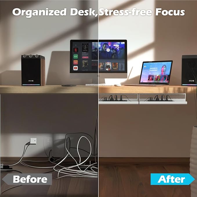 KHAMAL Cable Management Under Desk 52PCS - Cable Management Tray Kit Ventilated Hexagonal Design with Cable Clips, Wire Ties, Cord Holder & Screws for Office, Home - 4 White Sets