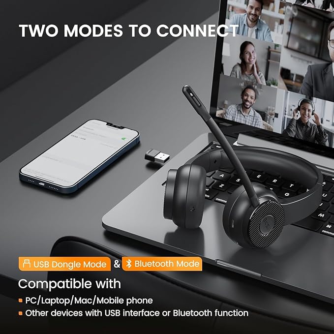 EKSA H16 Wireless Headset with AI Noise Cancelling Microphone, Bluetooth V5.2 Headphones with 2.4G USB Dongle & Mic Mute, 55Hours Playtime for Computer/Laptop/PC
