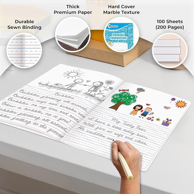 Rosmonde Mega Pallet (5000 Pack) Assorted Marble Composition Notebook, 100 Sheets (200 Pages), 9-3/4 x 7-1/2, Primary Ruled With Drawing, Grades K-2, Bulk School Supplies, 4-7 Days Transit