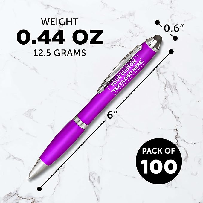 DISCOUNT PROMOS Custom Plastic Stylus Pens Set of 100, Personalized Bulk Pack - Black Ink, Great for Office, School, Business, Tradeshows, Events - Purple