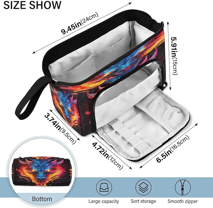 Dragon Fire Pencil Case Pouch Big Capacity Pencil Bag Box Organizer Pen Case with Handle Stationery Organizer for Girls Boys Women Kids Adults School