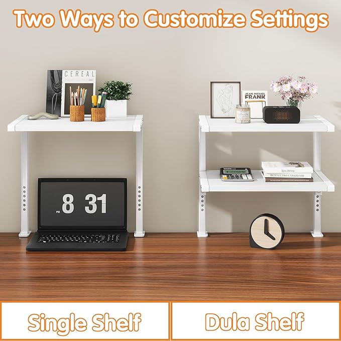 IBUYKE Clamp on Desk Organizer Shelf,12.9 inches Desk Extender Shelves, Above or Below Desk 2-Tier Adjustable Storage Shelves for Desktop Accessories,White,TMZ007W