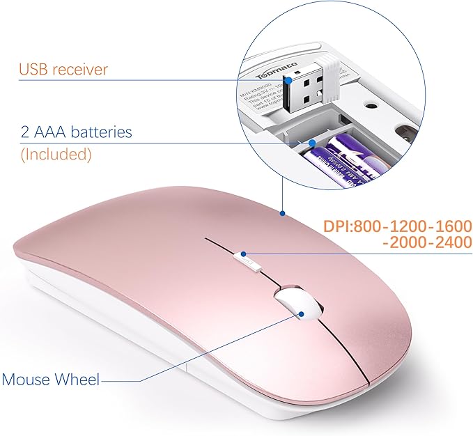 Wireless Keyboard and Mouse Ultra Slim Combo, TopMate 2.4G Silent Compact USB 2400DPI Mouse and Scissor Switch Keyboard Set with Cover, Batteries Included, for PC/Laptop/Windows/Mac - Rose Gold White