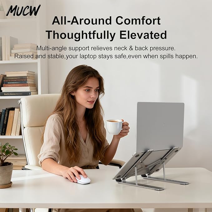 MX10 Pro Laptop Stand for Desk, Ergonomic 6-Level Adjustable Computer Stand, Foldable Portable Holder with Cooling Vent & Anti-Slip Pads
