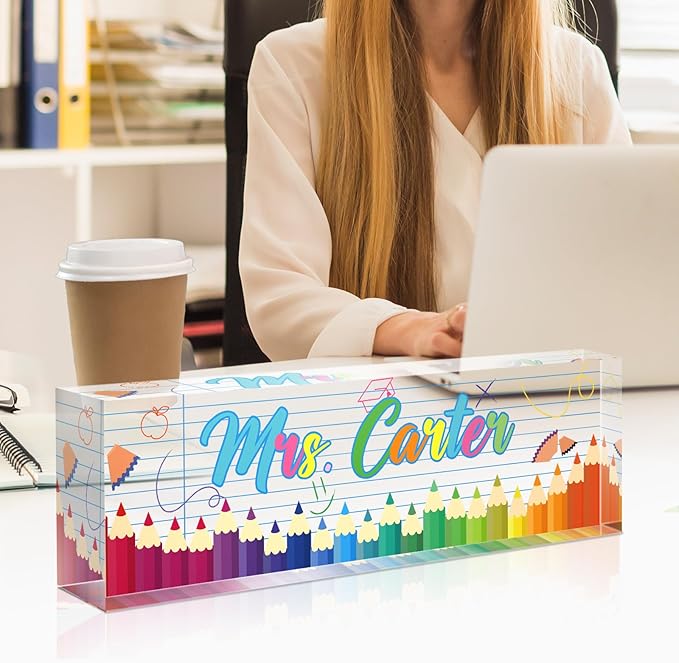 Teacher Office Name Plate for Desk Custom, Desk Name Plate Personalized, Teachers Office Desk Decor, Clear Acrylic Glass Block, Personalized Office Gifts for Teachers, Teacher Appreciation Gifts