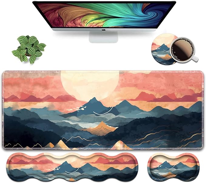 Ergonomic Keyboard Wrist Rest and Mouse Pad Wrist Rest Set, Large XXL Gaming Mousepad 31.5"x 11.8", Memory Foam, Easy Typing Pain Relief, Multifunctional Desk Mat for Office & Home, Mountain Sunrise