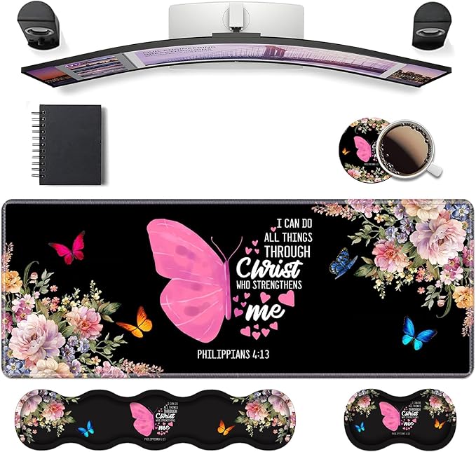 Ergonomic Keyboard Wrist Rest & Mouse Pad Wrist Rest Set, Butterfly Quote Bible Verse Philippians 4-13 Large XXL Gaming Desk Mat 31.5"x 11.8" with Non-Slip Base, Memory Foam for Home Office Study Game