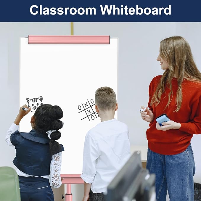 TSJ OFFICE Mobile Whiteboard Magnetic - 40 x 26 Inches Dry Erase Board on Wheel with Stand Flipchart Easel Height Adjustable,Pink