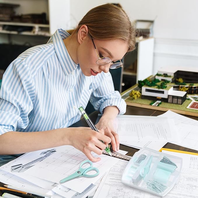 Colarr Mini Office Supply Kit Includes Stapler Tape Dispenser Staple Remover Paper Clips Scissor Staples Pen Sharpener Note Small Telescopic Knife for Office and School Clerk Student (Green)