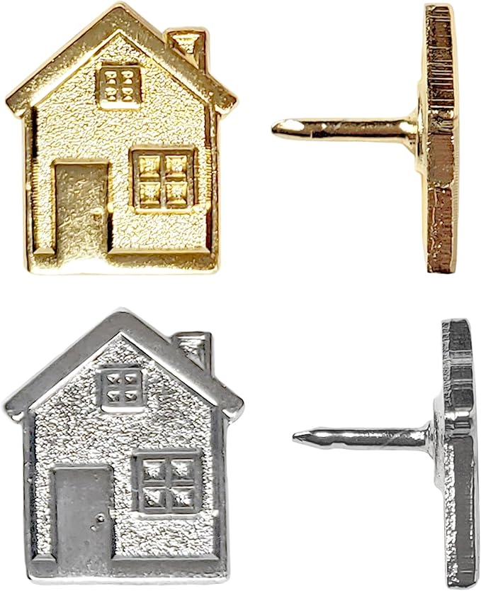 Big House Push Pins - Silver Metal Home Pins - for Cork Board, Maps, or Lapel Pin Use - Designed in USA - Set of 10