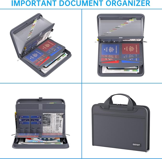 ENGPOW Accordion File Organizer,Fireproof Expanding File Folder with Multi Pockets,13 Pockets Document Organizer Bag with Handle & Labels,Portable Home Travel Safe Storage for Letter A4 Files,Gray