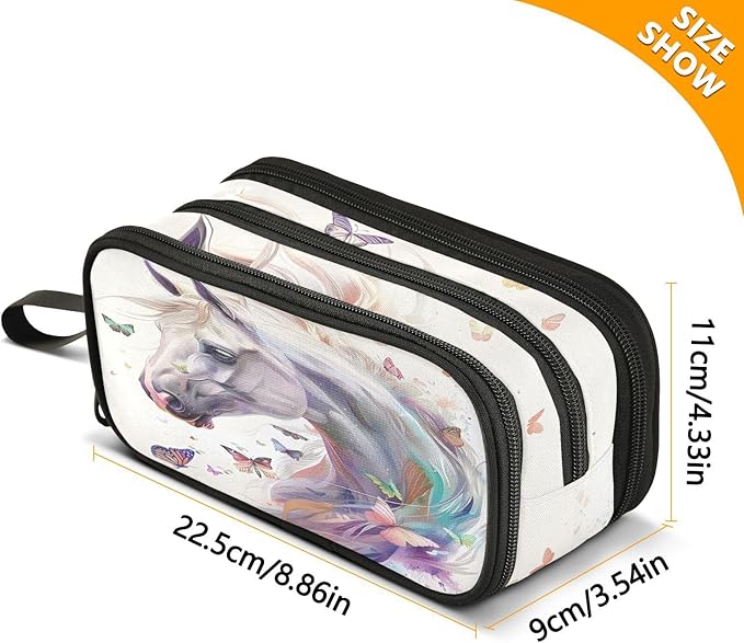 White Horse Butterflies Pencil Case Box Boys Girls Large Pencil Pouch with Zipper Compartments Big Capacity Stationery Pen Bag Organizer for Kids Teens Adults School
