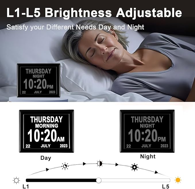 7.85 Inch Dementia Clock for Seniors - Extra Large Display Digital Wall Clock with Day & Date, 12 Custom Alarms - High Contrast for Low Vision, Memory Care (Black)