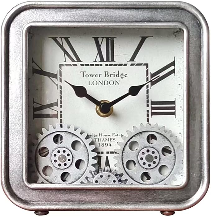 Vintage Desk Clock, 6 inch Metal Table Clocks with Moving Gears, Small Silent Non Ticking Industrial Steampunk Quartz Shelf Clock for Home Office Living Room Desk Decor Battery Operated