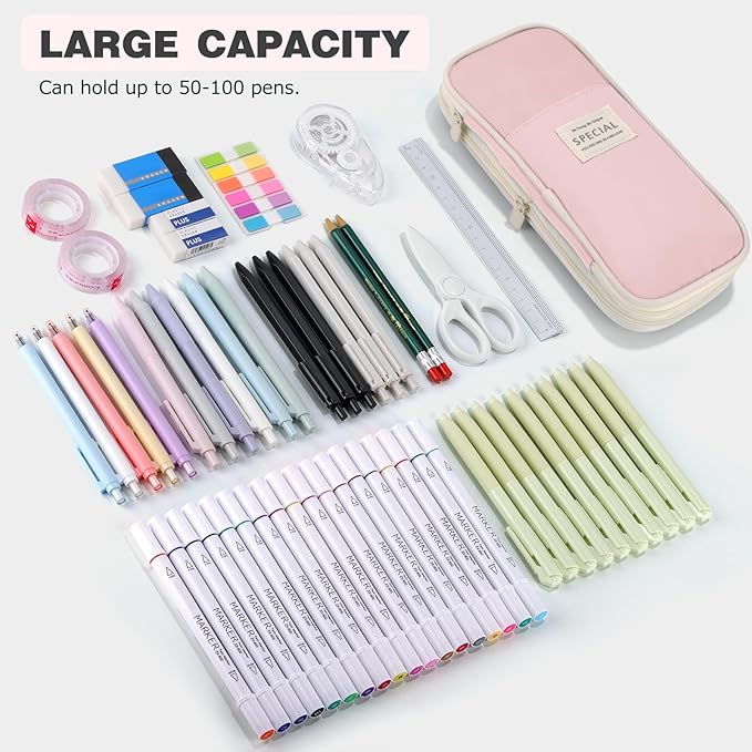 Large Capacity Pencil Case with Zipper, Aesthetic Pencil Pouch, Portable Stationery Organizer Bag for Teen and Adults, Big Pencil Bag for College, Office, Travel - Pink